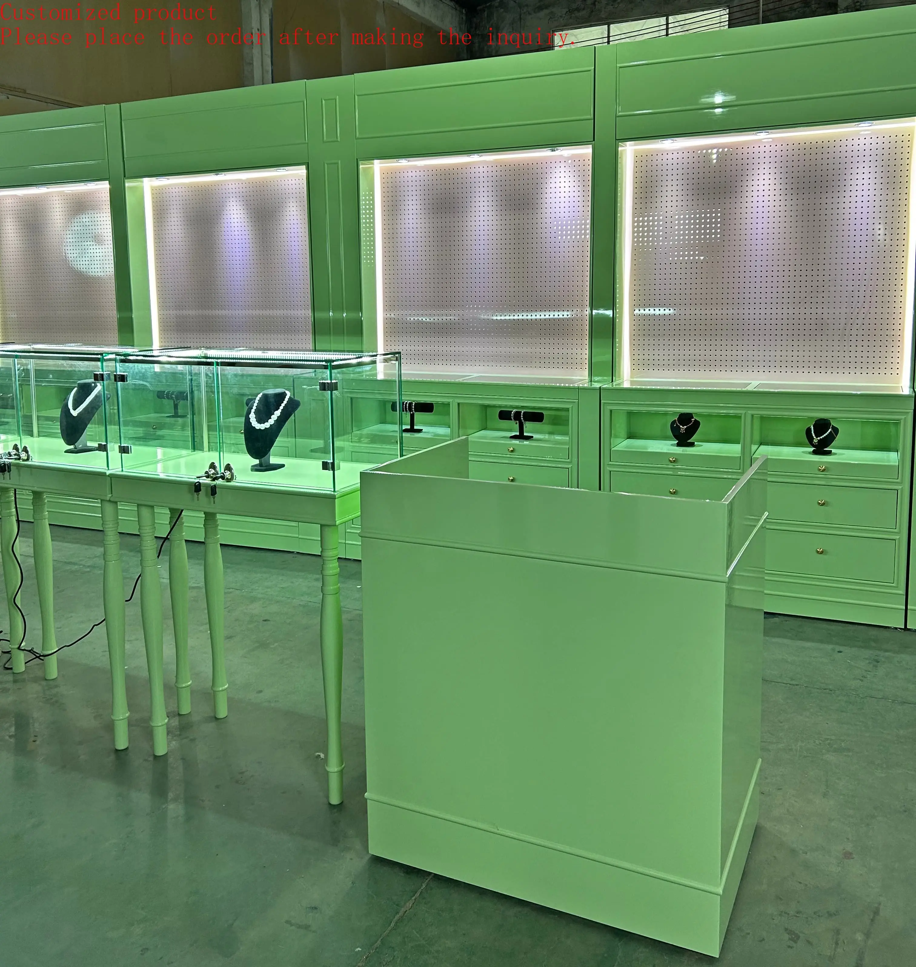 

Custom Shop Design Wooden Wall Glass Display Cabinet Jewelry Case Gold Silver With LED Lighting Jewellery Showcases Display