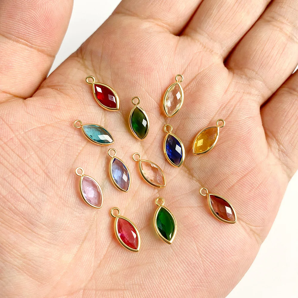 10Pcs/Set 6*14mm Marquise Shape Colorful Glass Charms Double Sided Faceted Copper Metal Pendant for DIY Jewelry Making Bracelet