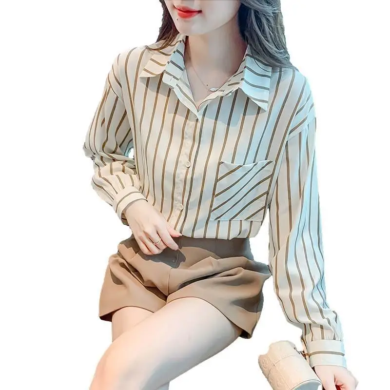 

Spring Autumn Turn-down Collar Long Sleeve Fashion Shirt Women High Street Striped Contrast Color Cardigan Elegant Button Tops