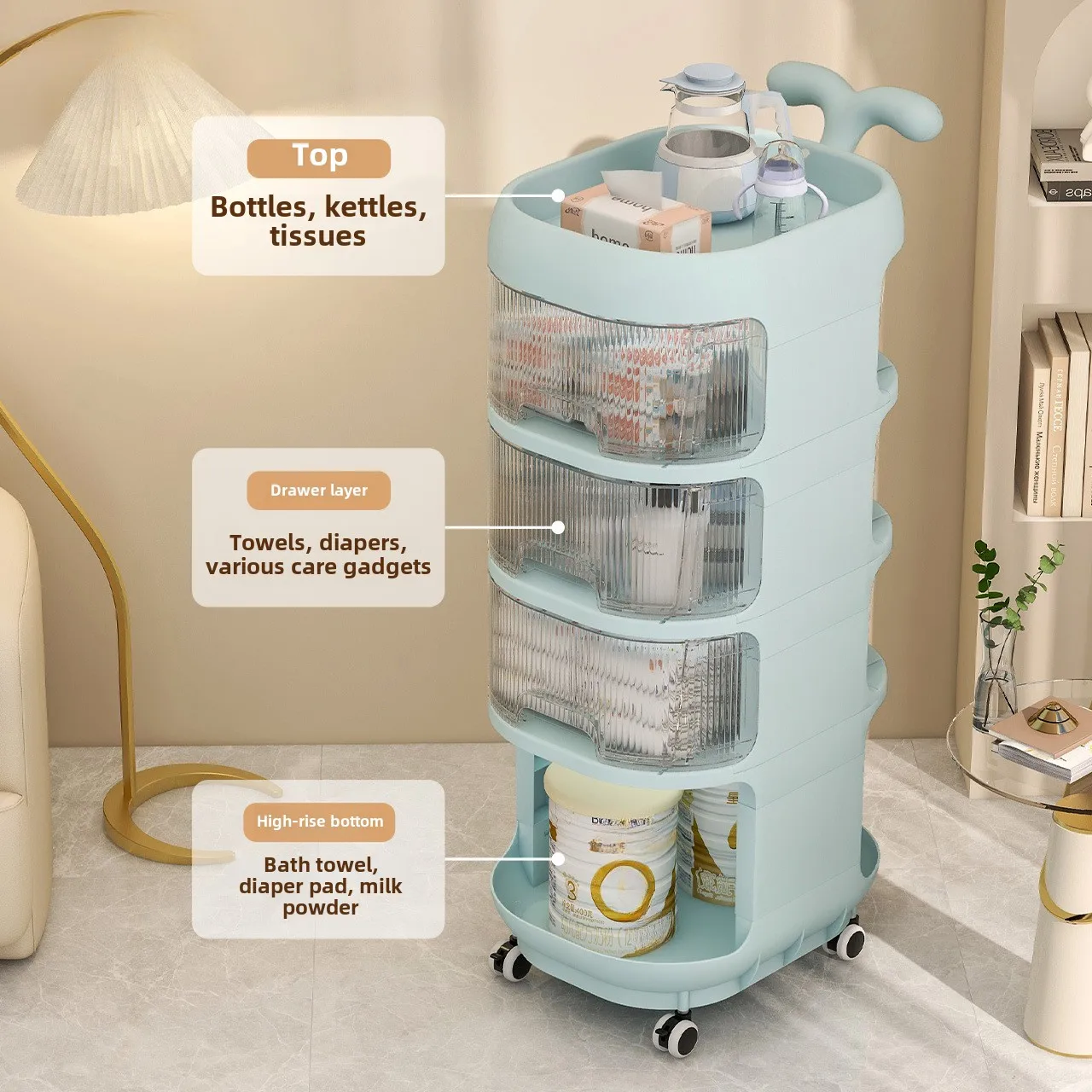 

4-Layer Mobile Cart for Baby Room, Whale Rolling Shelf with Lockable Wheels, Snacks/Toys Storage Organizer, Easy Glide