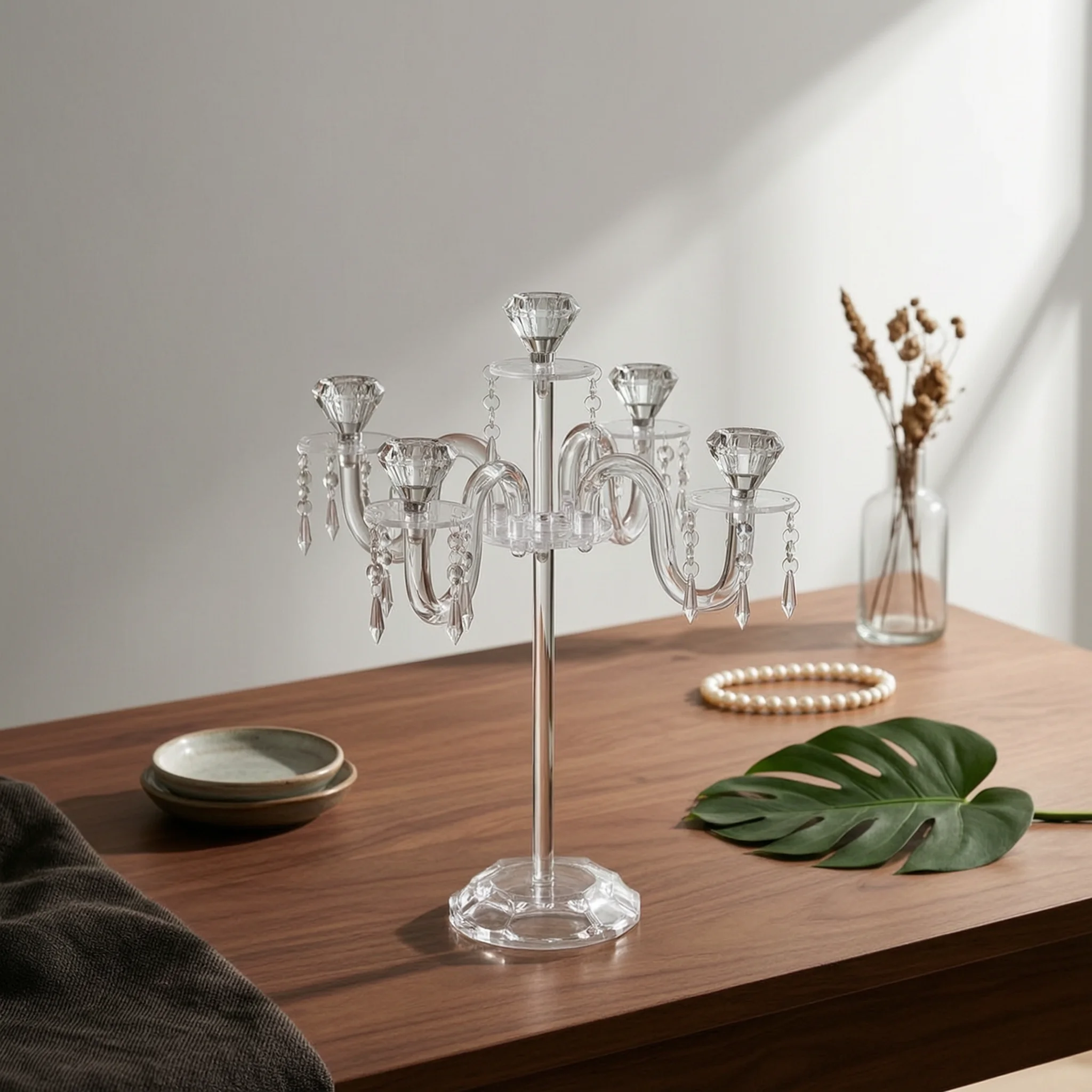 Candelabra with Crystal Pendants Decorative Candle Holder with Crystal Pendants Five-Arm Candelabra Sophisticated Decor Stable