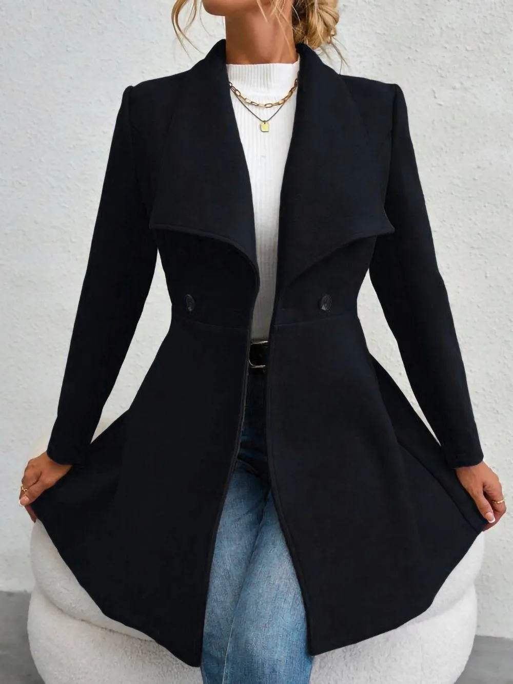 Women's Wool Blend Coat, Fall Winter High Waist A-Line Jacket, Elegant Trench Coat for Work & Dating