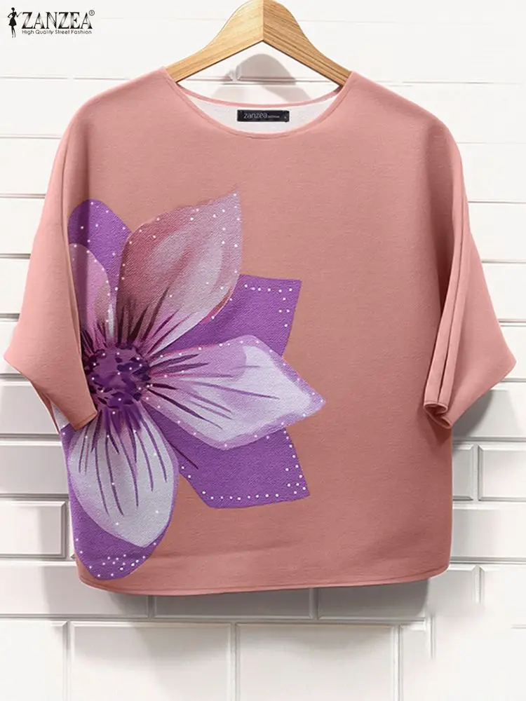 

ZANZEA повседневные блузки с цветочным принтом для женщин, элегантные свободные топы с круглым вырезом и рукавами три четверти, осень 2021, повседневная одежда, S-3XL