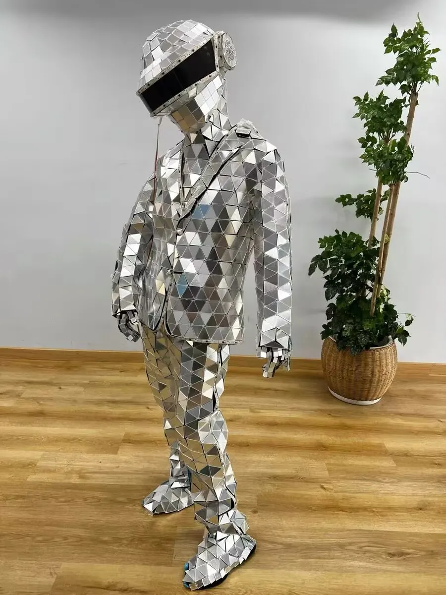 LED مرآة روبوت البدلة رجل قناع زجاجي ديسكو توهج الكبار زي المرحلة فستان أداء هالوين تأثيري عيد الميلاد الملابس الذهب