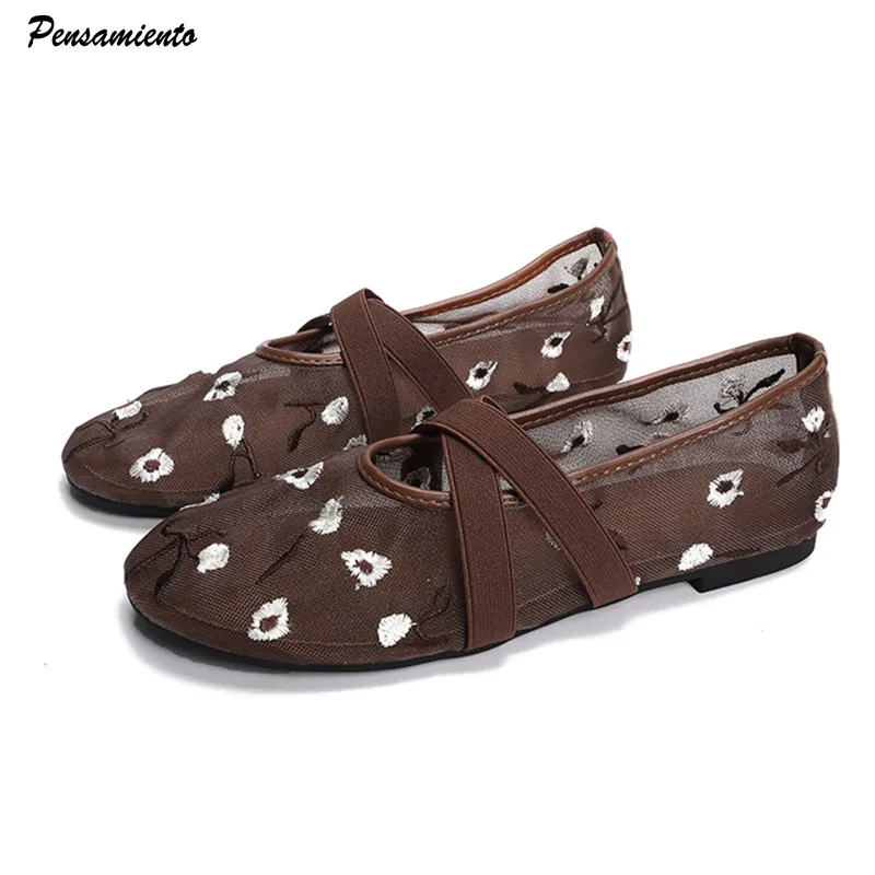 

Ins стиль, модные женские балетки с цветочной вышивкой и сеткой, удобные балетки Мэри Джейн на мягкой подошве, лоферы для девочек