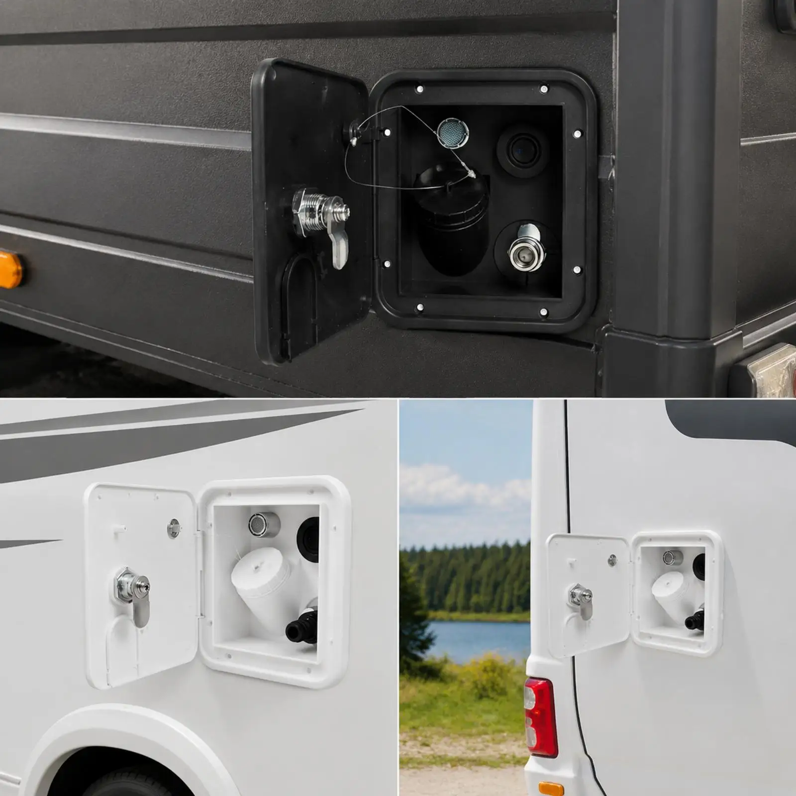 Space-Conscious RV Pressure Water Inlet with Hinged Lockable Cover