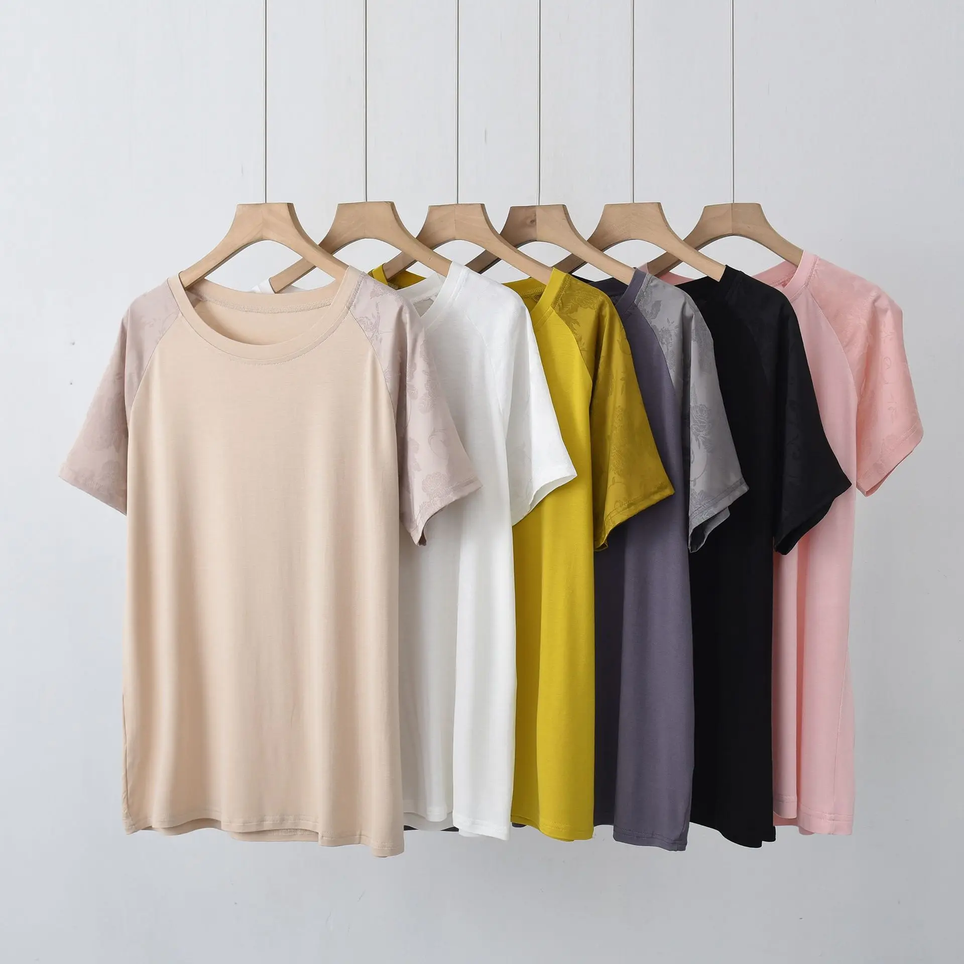 Modal Satin patchwork Tshirts O-Neck Summer women's Loose T-shirt short sleeves solid color Casual Tee Tops all match