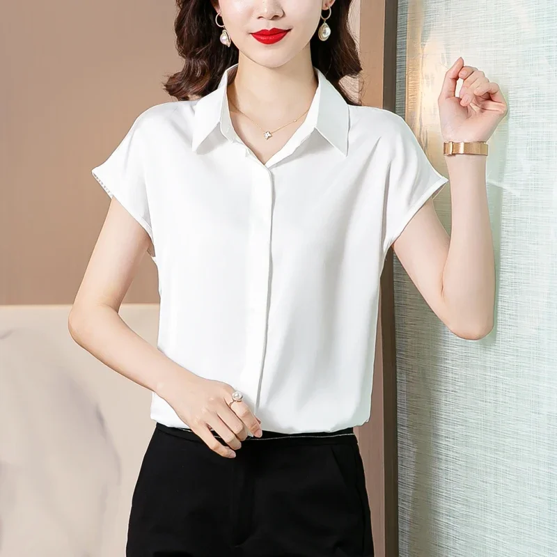 Vintage Blouse Women 2023 New Summer Satin Shirt Silk Elegant Womens Tops Short Sleeve Blouses and Shirts Fashion Women Clothing