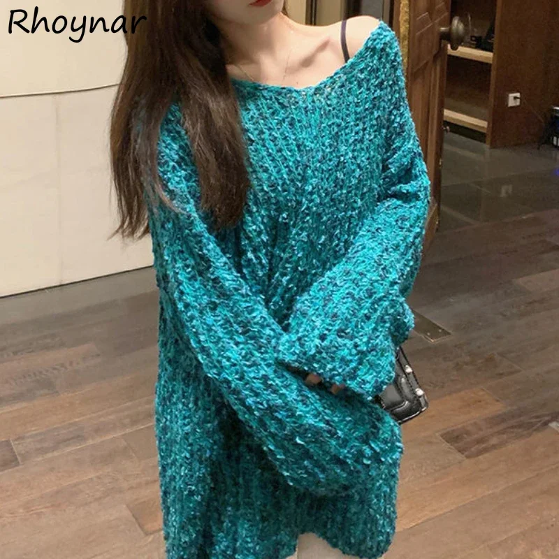 V-neck Pullovers Women Solid Fashion Loose Knitted Lazy Autumn New Casual Comfortable Soft Korean Style All-match Vestidos Girls