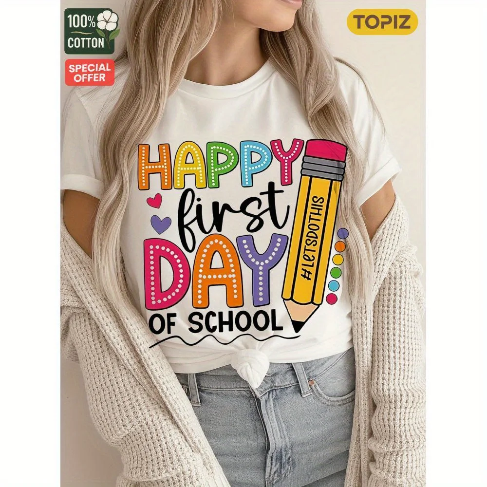 

[Plus Size] Women's Graphic T-Shirt, Short Sleeve Crew Neck Top, Group orders, 100% Cotton, Happy First Day Of School