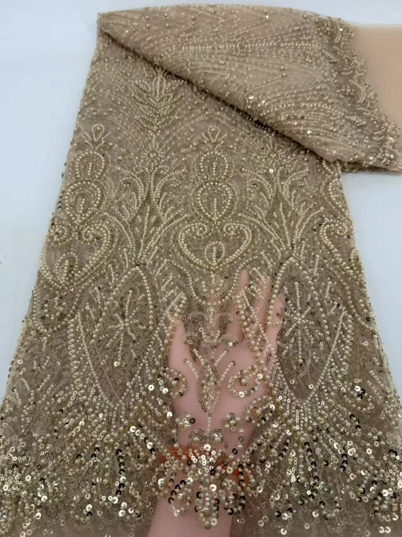 

African Beaded Lace Fabric 2026 Premium Quality Bright Red Nigerian Sequined Lace Fabric Wedding Gown Sewing Material 5 Yards