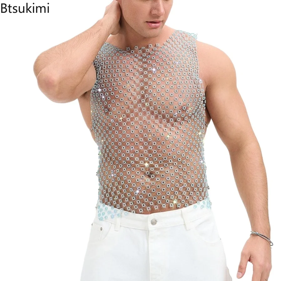 New Men's Vintage Sequin Glitter Shinny Camisoles Summer Sleeveless V Neck See Through Mesh Tank Tops Men's Hollow Out Crop Vest