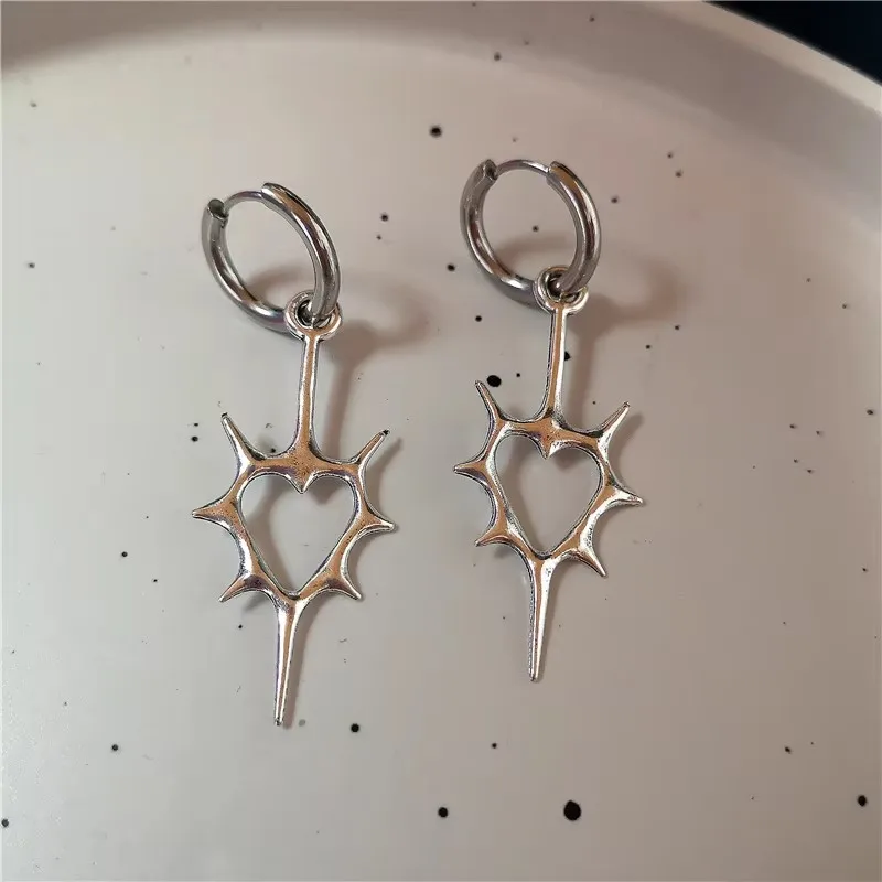 Stainless Steel Spiral Vortex Star Hollow Thorns Love Heart Pendant Hoop Earrings For Women Men Fashion Cool Punk Rock Jewelry
