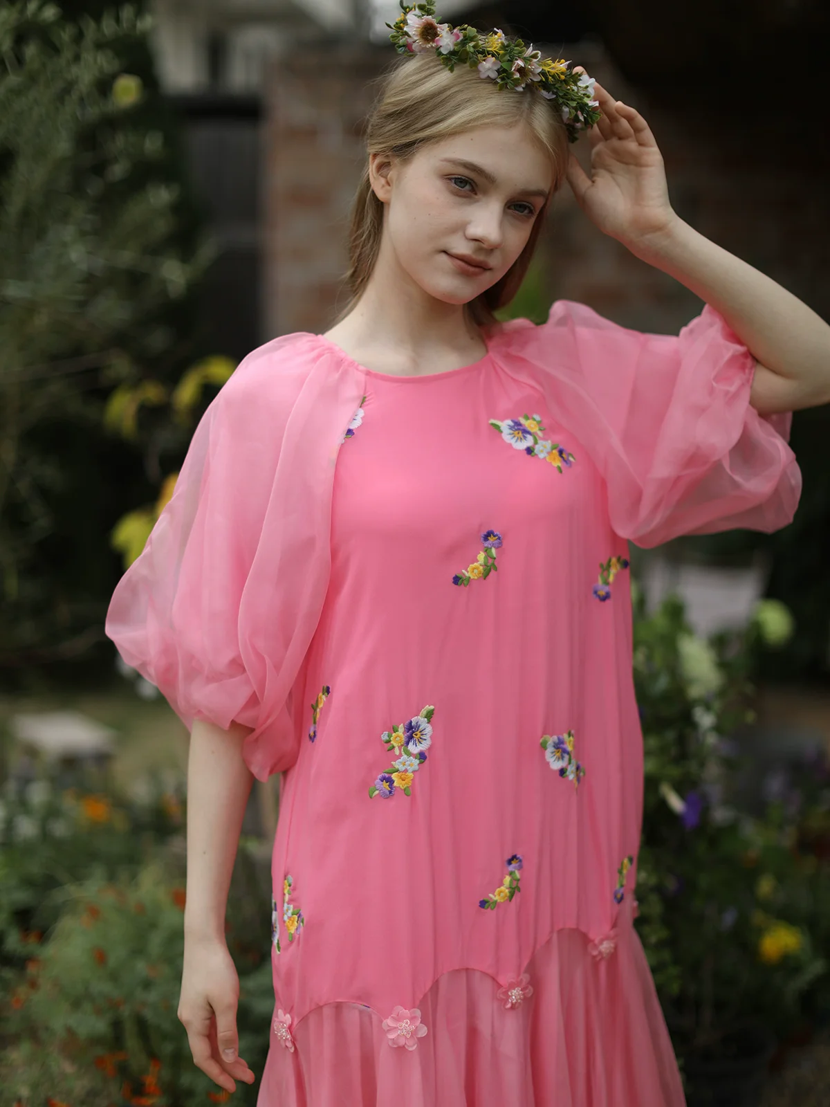 

Spring Summer Women Peach Blossom Pink, Lantern Sleeve, Heavy-Work Embroidery Silk Loose Forest Girl Long Dress
