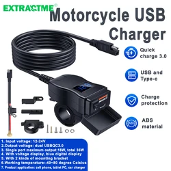 Extractme Motorcycle Charger Dual USB QC3.0 Fast Charger Power Adapter Socket with Switch Waterproof Digital Voltmeter