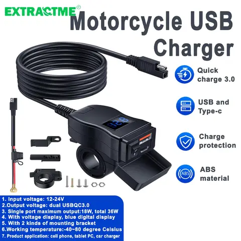 Extractme Motorcycle Charger Dual USB QC3.0 Fast Charger Power Adapter Socket with Switch Waterproof Digital Voltmeter