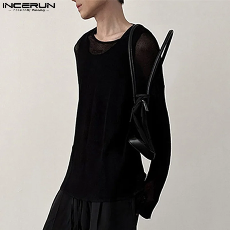 2026 Herren T-Shirt Einfarbig Ausgehöhlt Gestrickt Transparent Männliches Oberteil Streetwear Locker Modisch Lässige Herrenkleidung INCERUN