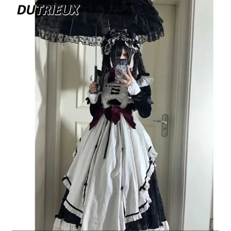 A;3\v,7'd/2026 Halloween Cos Sweet Bow Sleeveless Long Suspender Dress French Lolita Heavy Industry JSK Dresses Apron 6'b\7.n;8/