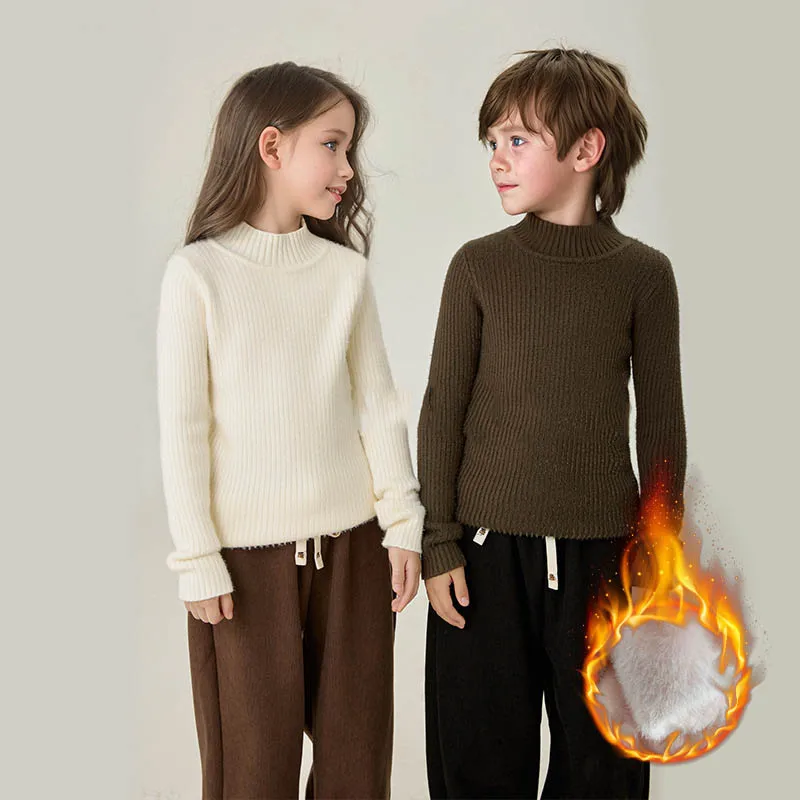 

Winter Children Girls Sweater Solid Ribbed Plus Velvet Thicken Warm Kids Baby Girls Pullovers Loose Multicolor Infant Girls Tops