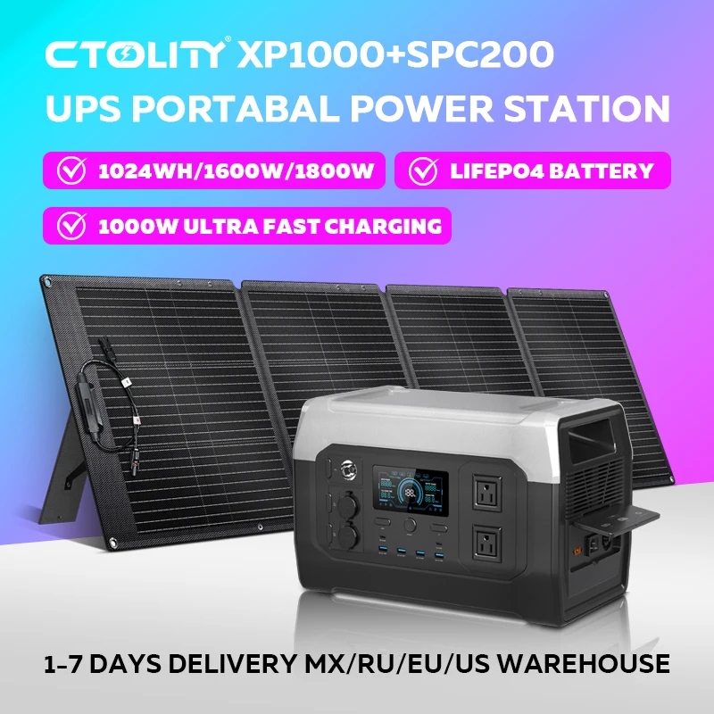 

1024Wh LifePo4 Batteries 1800W Portable Power Station With 200W Solar Panel Solar Power Set Large Capacity Battery For Camping