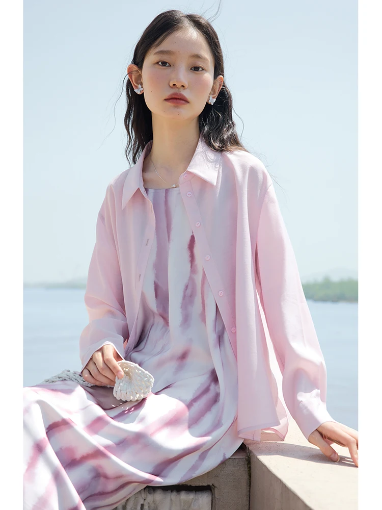 ZIQIAO Summer Pink Purple Gradient Women Long Strapy Dress 2024 New Tyndall Color Shirt Dress Suit For Female24ZQ92224+24ZQ92225