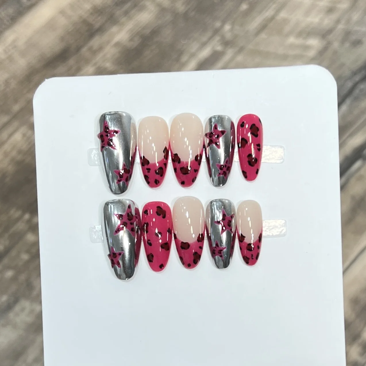 

10Pcs Handmade French Almond Y2K Press on Nails Pink Leopard Print Star Design Sweet Cool False Nails Wearable Nails Spice Girls