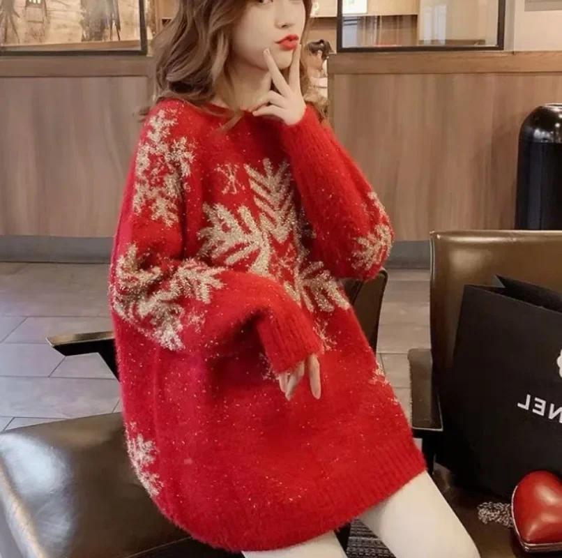 2024 Autumn Winter Red Christmas Snowflake Sweater Woman Loose Sweater Woman Korean Fashion Hoodie Pullover Y2k Streetwear