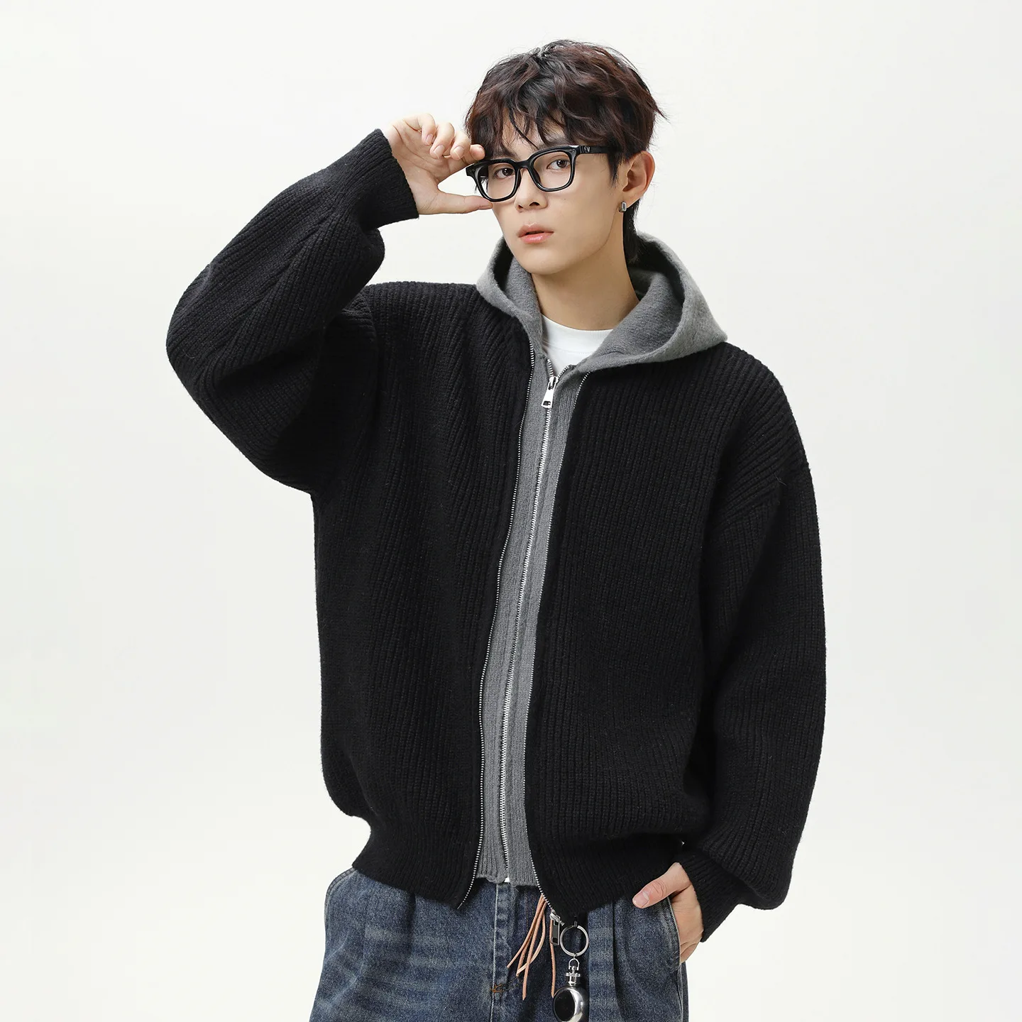 Women Men Knitted Cardigan Sweaters Solid Jumpers Zipper Fake Layer Hooded Long Sleeves Loose Casual Streetwear Autumn Winter