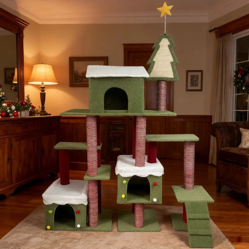 Extra Large Cat Tower Christmas  Multi Level Cat Tree  Sturdy Wide Base Festive Home Decor Pet Furniture Space-Saving