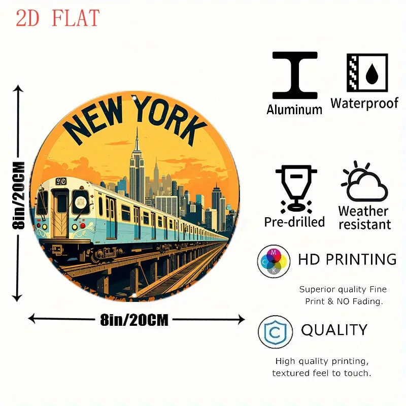 2D Flat - 1pc of an 8-Inch Round Sign Featuring a New York Subway Train with a City Skyline And Sunset Design, Made of Aluminum.