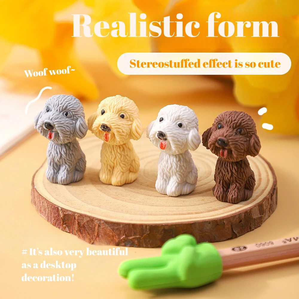 

4Pcs/Lot Cute Teddy Dog Eraser Cartoon Animal Pencil Eraser Kawaii 3D Puppy Rubber Kids Student Stationery School Supplies Gifts