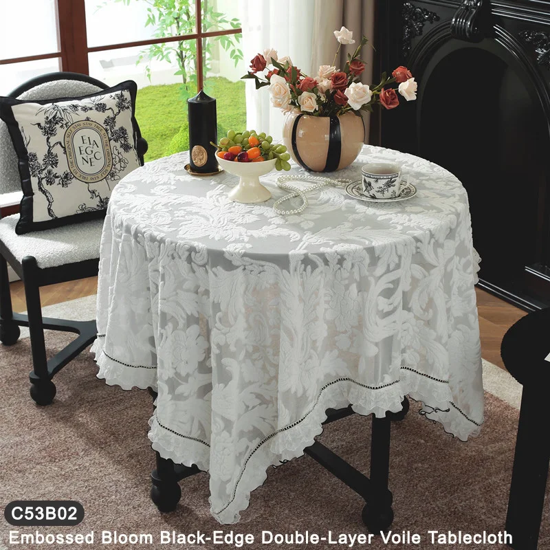 

Brocade Floral French Vintage Lace Tablecloth, Black or White Rose Embroidery with Ruffle Hem, Elegant Sheer Dining Room Decor