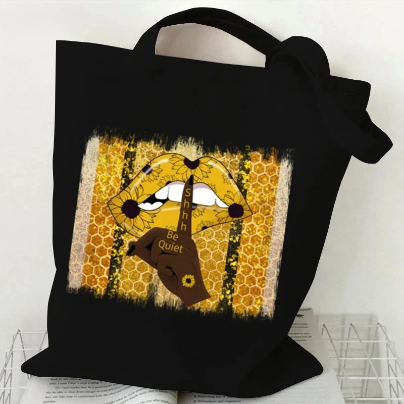 

Queen Bee Flower Tote Handbag Black Canvas Handbag Student Single Shoulder Bag Gift Large Shopping Bag Canvas Cosmetic Bags