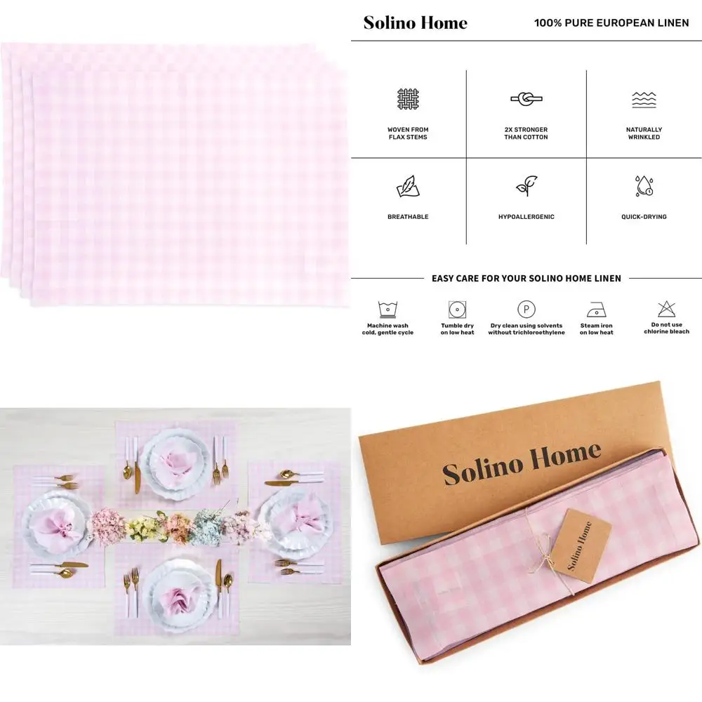 

100% Pure Linen Placemats Set of 4, Marshmallow Pink, 14x19 Inches, Perfect for Halloween, Gingham Checkered Pattern, Cloth Mats