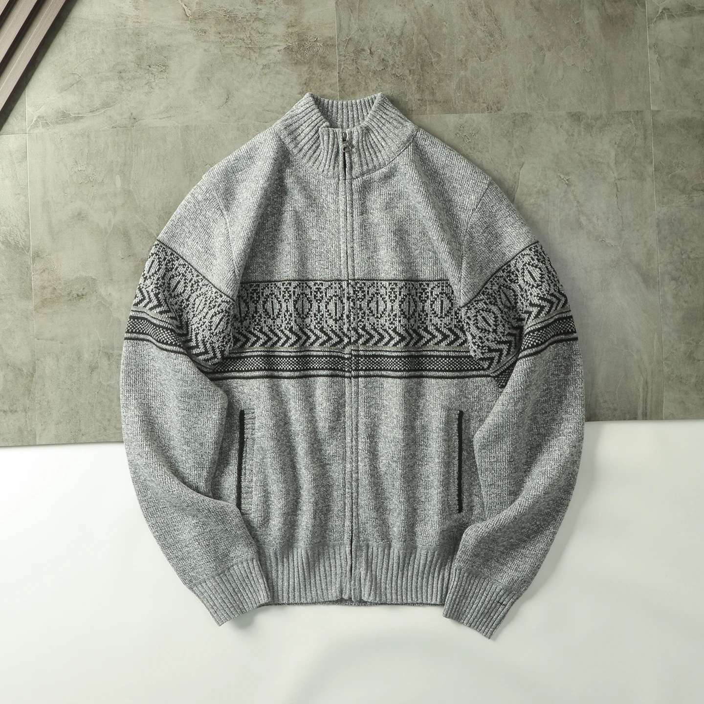 

Autumn Winter Men's Ethnic Jacquard Stand-up Collar Knitted Cardigan Sweater Jackets American Retro Thermal Coats