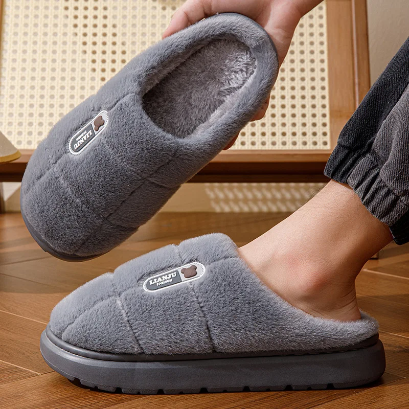 Große Größen 50 51 Winter-Hausschuhe für Herren mit Dicker Sohle, Warme Indoor-Paarschuhe, Rutschfeste Flache Plattform-Baumwollpantoffeln – Detail 9