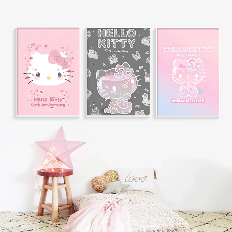 MINISO Sanrio Hello Kitty 50th Anniversary Cute Figure Poster stampe pittura murale camera da letto soggiorno Wall murale Decor Cuadros