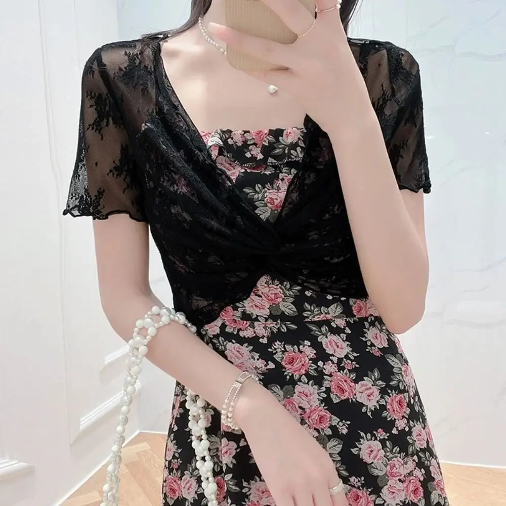 Lace Fabric Lace Shrug Top Short Length V Neck Cut Short Sleeve Cardigan Slim Fit Cut Short Sleeve Camisole Matching Top