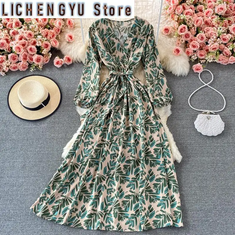 Vintage Puff Long Sleeve Contrast Color Print High Waist V-neck Lace-up A-line Women's Dress Autumn New Dresses