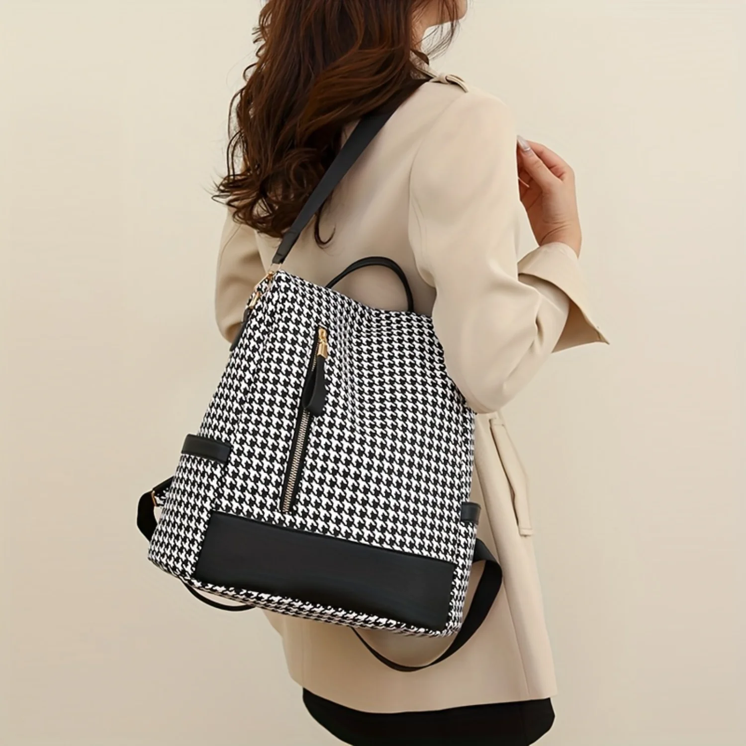 

Trendy Houndstooth Pattern Backpack, Casual All-match Multi-pocket Knapsack, Perfect Daypack For Work, Study And Travel Chococat