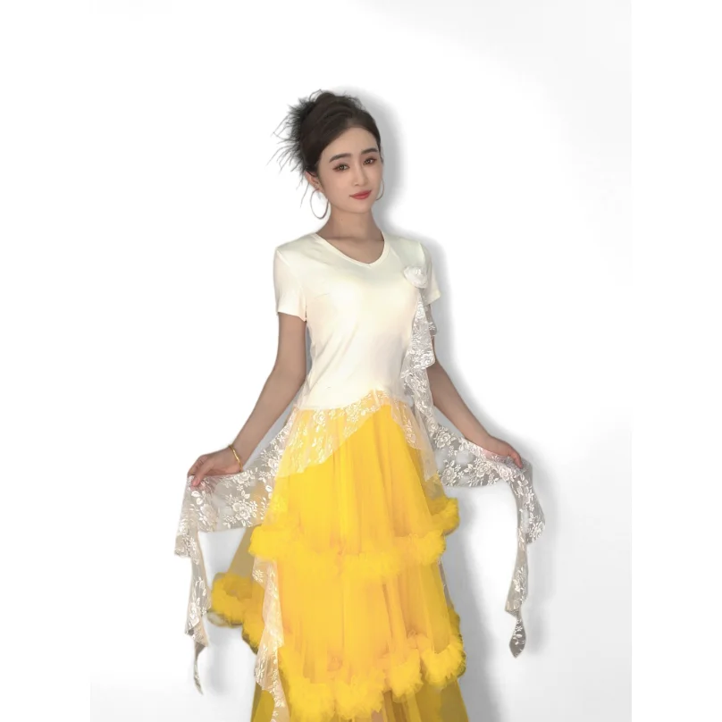 

Short Sleeve White T-Shirt Women Summer New Style Half Sleeve Lace Waist Cinched short sleevesDance costumes for practicing kung