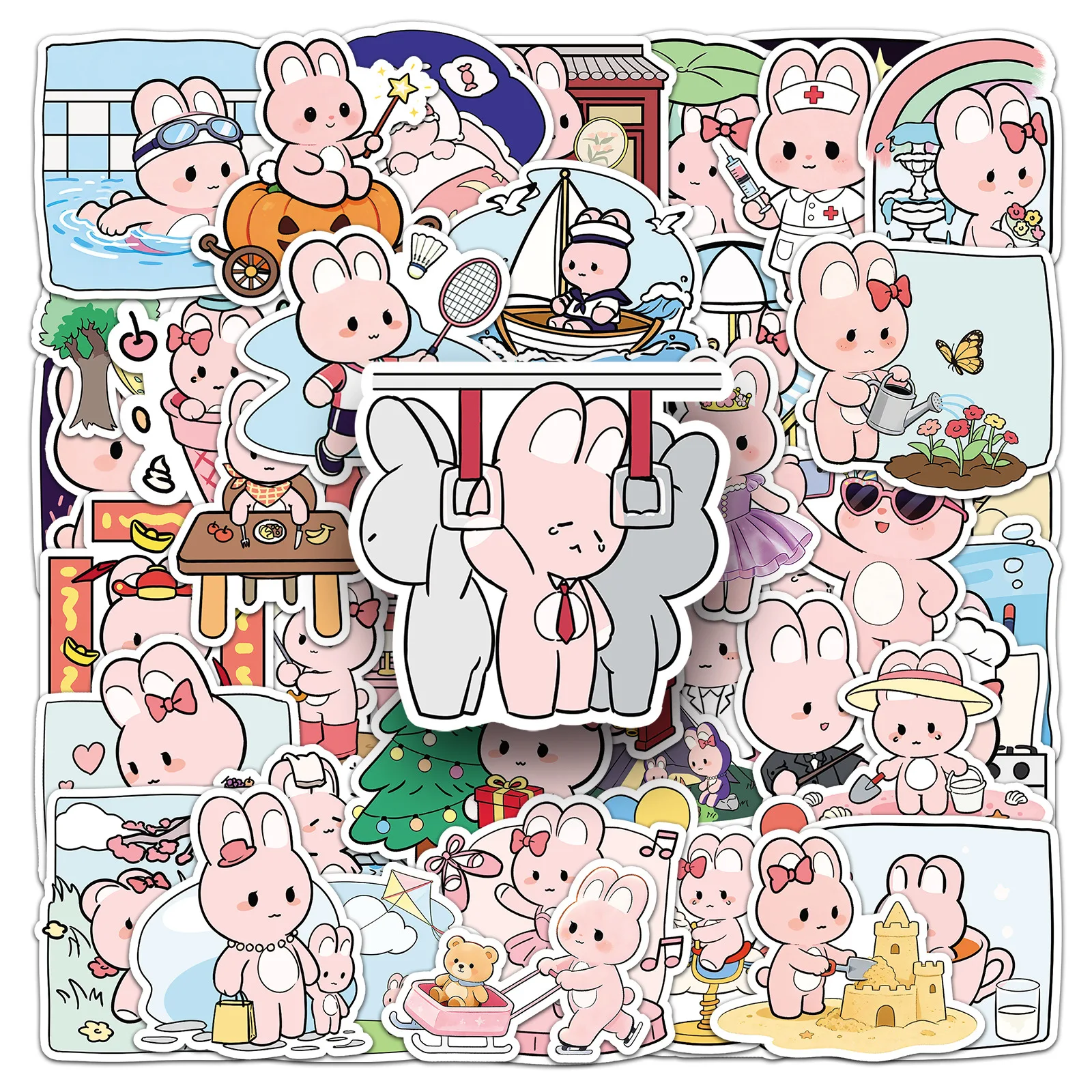 

51PCS Pink Rabbit Daily Stickers Q Version Cute Pet Cartoon Style Decorative Handbook Stationery Waterproof Stickers Kids Toy