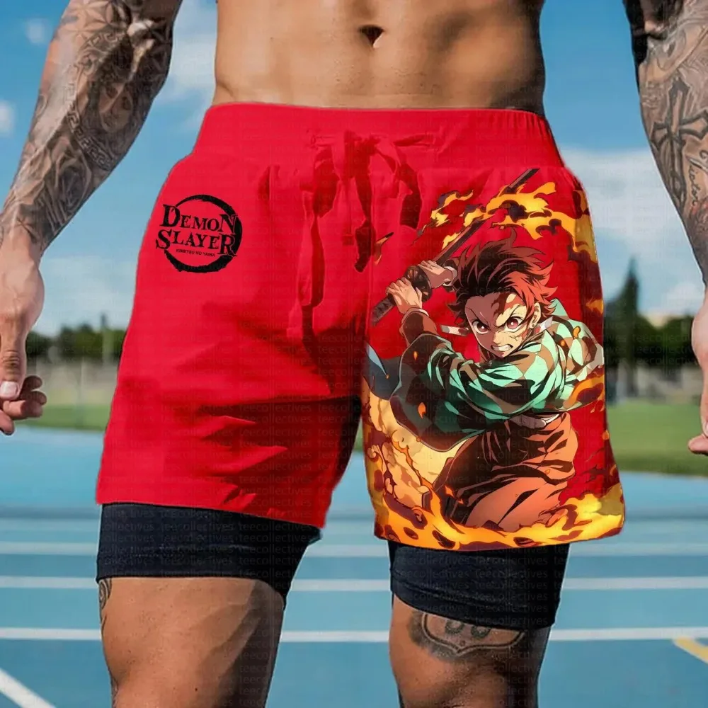 2025 New Demon Slayer Fitness Shorts Summer Men Women Double-layer Fake Two-piece Loose Sports Training Running Casual Pants