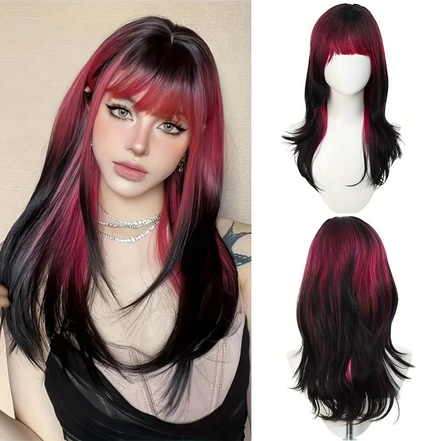 

Ombre Raspberry Red Black Cosplay Wigs for Women Long Straight Layered Synthetic Wigs With Bangs