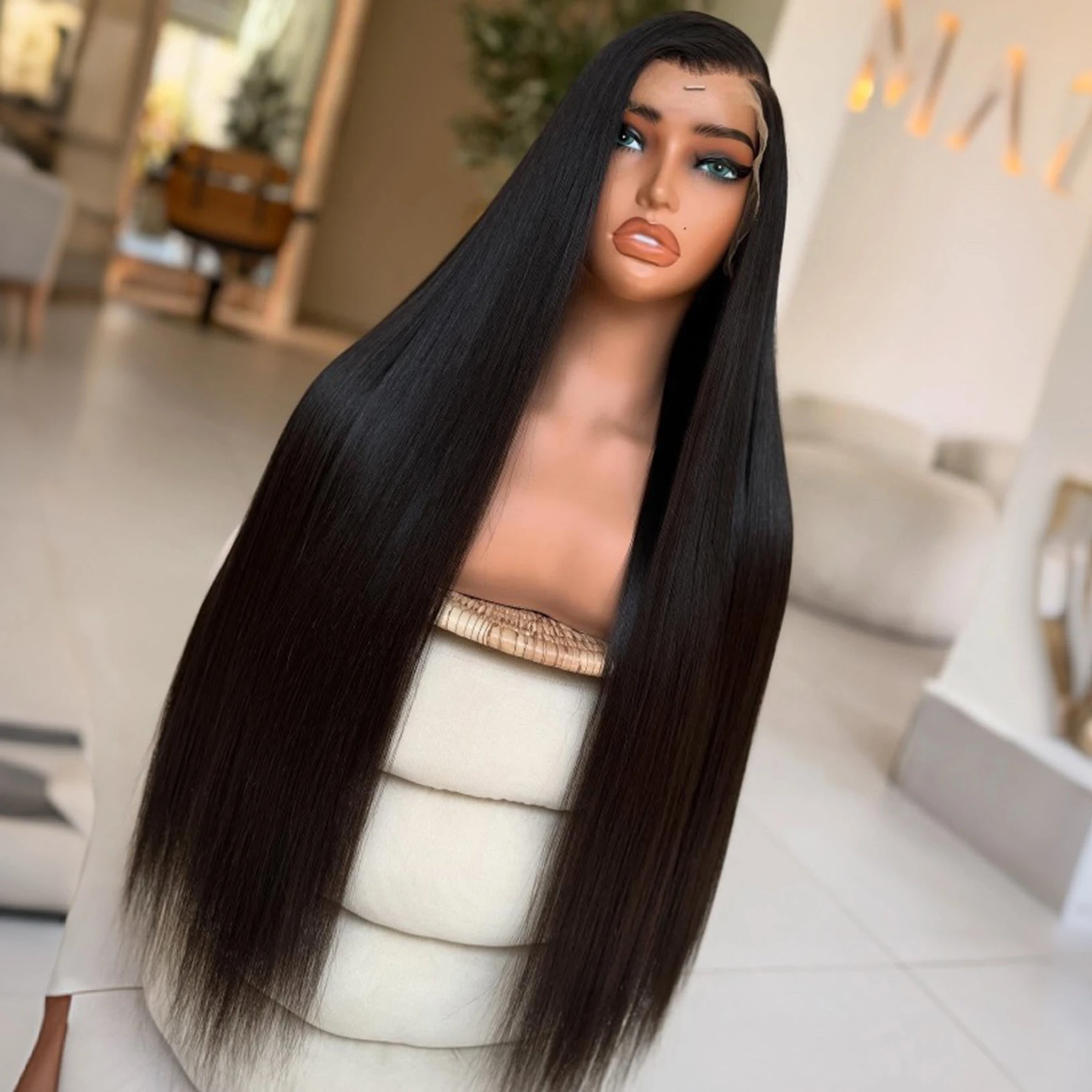 

Прямой черный цвет 13X4 Мягкий полный кружевной фронтальный парик для женщин Prepuck с детскими волосами Бесклеевой парик Косплей Ежедневная вечеринка Свадьба