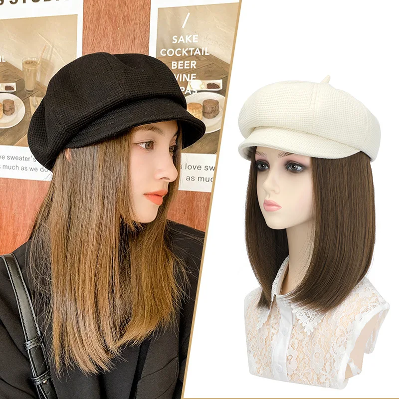 Shangzi Synthetic 19.5Inch Baseball Wig Wig Black Hat Wigs Cap with Hair Naturally Connect Bob Hair Baseball Cap Adjustable