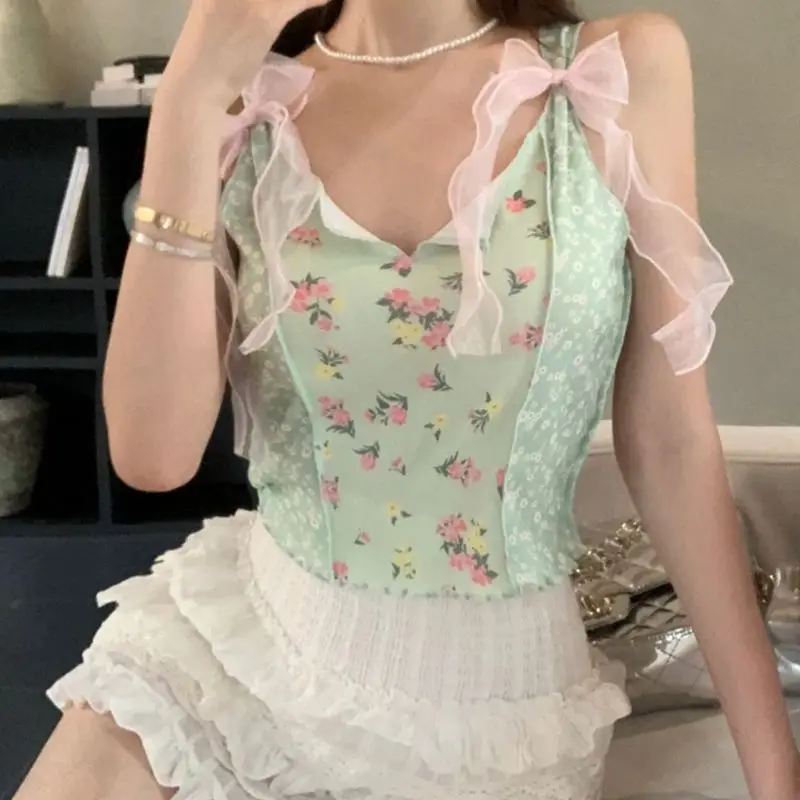 Lace floral sleeveless vintage slim vest top sweetheart y2k 90s bow vintage Sweet Aesthetic Harajuku Streetwear cute tank tops
