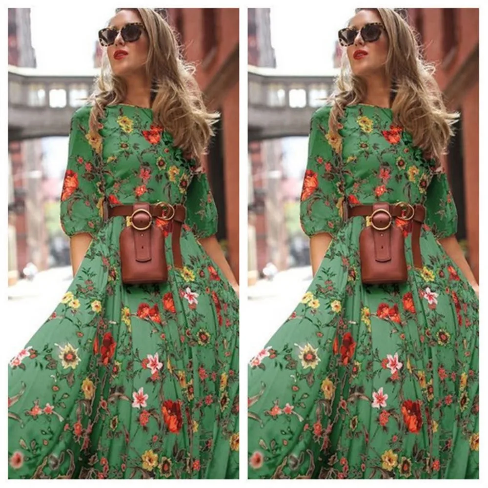 Spring Autumn Vintage Flower Floral Print Maxi Dress Office Lady Fashion Elegant Long Sleeve O-neck Dresses for Women 2024