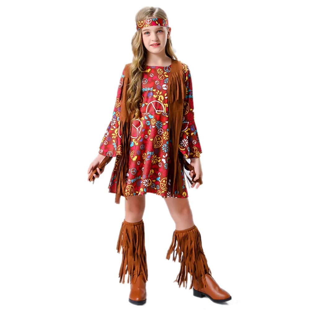 

Child Retro 60s 70s Tassels Hippie Costume Halloween Party Cosplay Hip Ho Disco Girl Hippy Dress Up