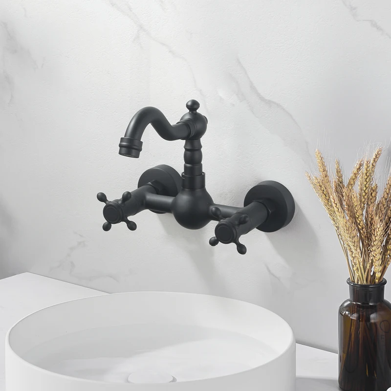 

Double Hole Kitchen Sink Faucet Wall Mounted Two Handle Hot and Cold Mixer Taps Modern Rotatable 360° Sink Faucet Matte Black